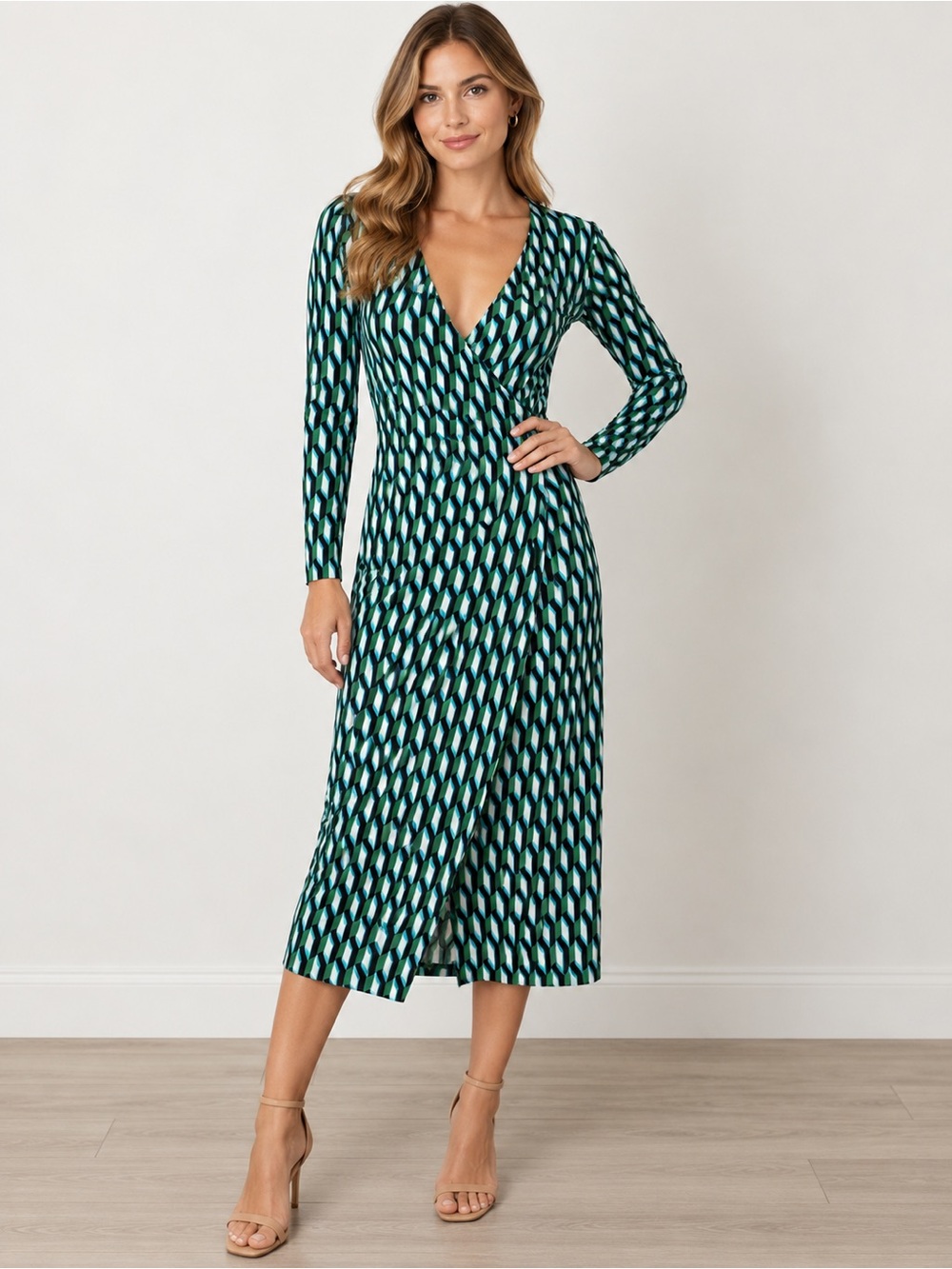 Diane Von Furstenberg Teal Geo-Print Wrap Midi Dress